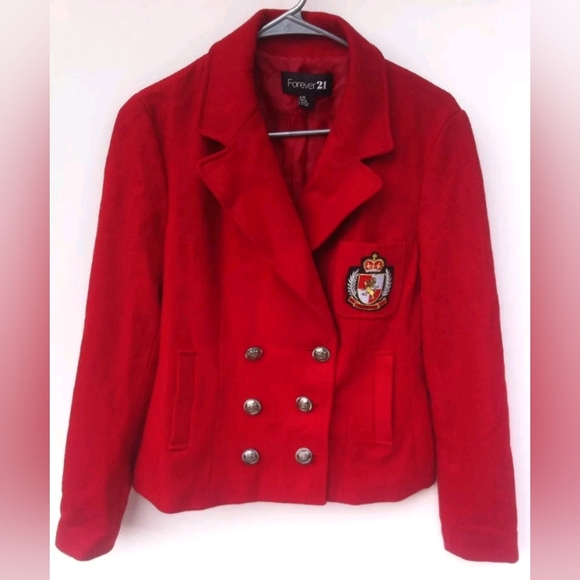 RARE!! FOREVER 21 Red Wool Crest Peacoat - Picture 1 of 6